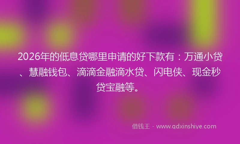 2026年的低息贷哪里申请的好下款有：万通小贷、慧融钱包、滴滴金融滴水贷、闪电侠、现金秒贷宝融等。