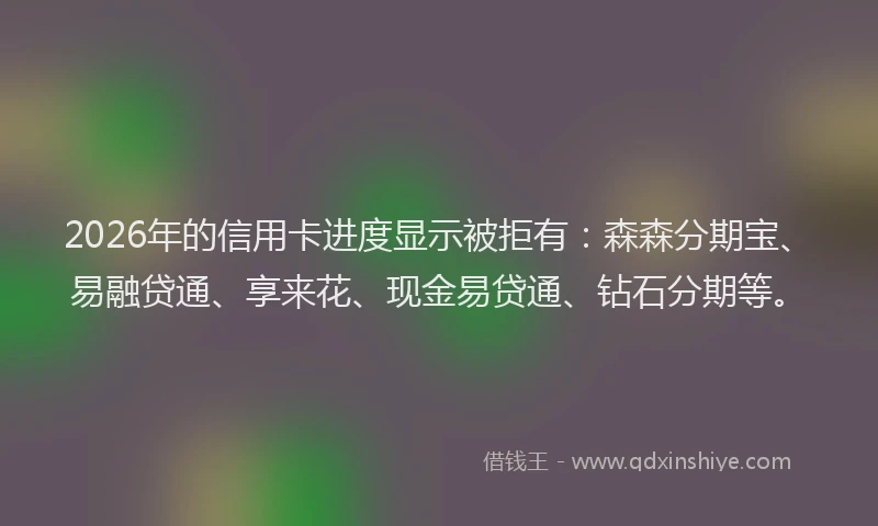 2026年的信用卡进度显示被拒有：森森分期宝、易融贷通、享来花、现金易贷通、钻石分期等。