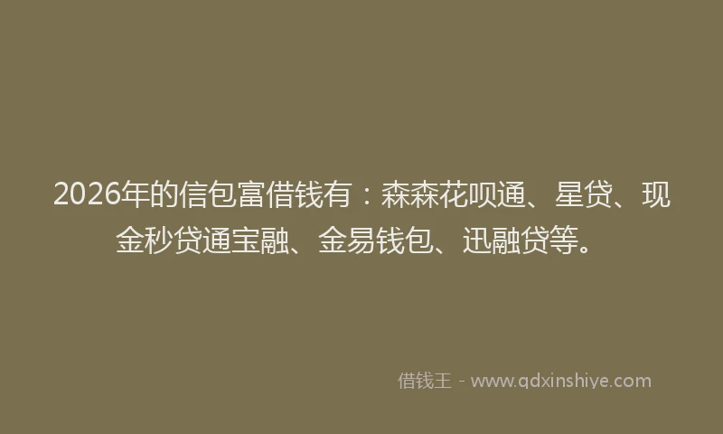 2026年的信包富借钱有：森森花呗通、星贷、现金秒贷通宝融、金易钱包、迅融贷等。