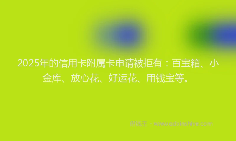 2025年的信用卡附属卡申请被拒有：百宝箱、小金库、放心花、好运花、用钱宝等。