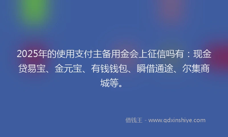 2025年的使用支付主备用金会上征信吗有：现金贷易宝、金元宝、有钱钱包、瞬借通途、尔集商城等。
