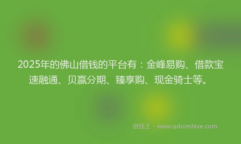 2025年的佛山借钱的平台有：金峰易购、借款宝速融通、贝赢分期、臻享购、现金骑士等。