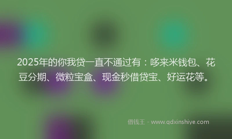 2025年的你我贷一直不通过有：哆来米钱包、花豆分期、微粒宝盒、现金秒借贷宝、好运花等。