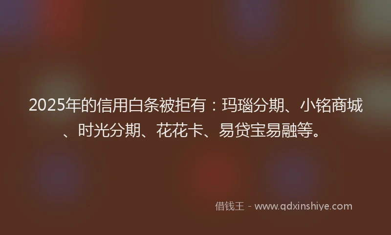 2025年的信用白条被拒有：玛瑙分期、小铭商城、时光分期、花花卡、易贷宝易融等。