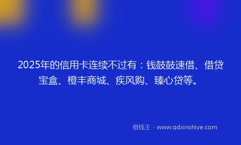 2025年的信用卡连续不过有：钱鼓鼓速借、借贷宝盒、橙丰商城、疾风购、臻心贷等。