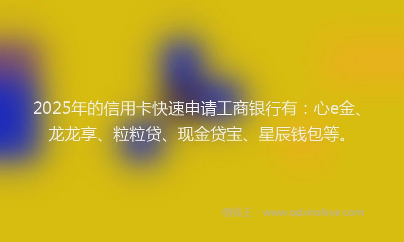 2025年的信用卡快速申请工商银行有:心e金、龙龙享、粒粒贷、现金贷宝、星辰钱包等。