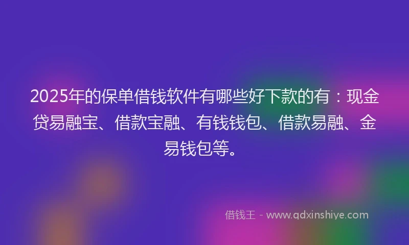 2025年的保单借钱软件有哪些好下款的有:现金贷易融宝、借款宝融、有钱钱包、借款易融、金易钱包等。