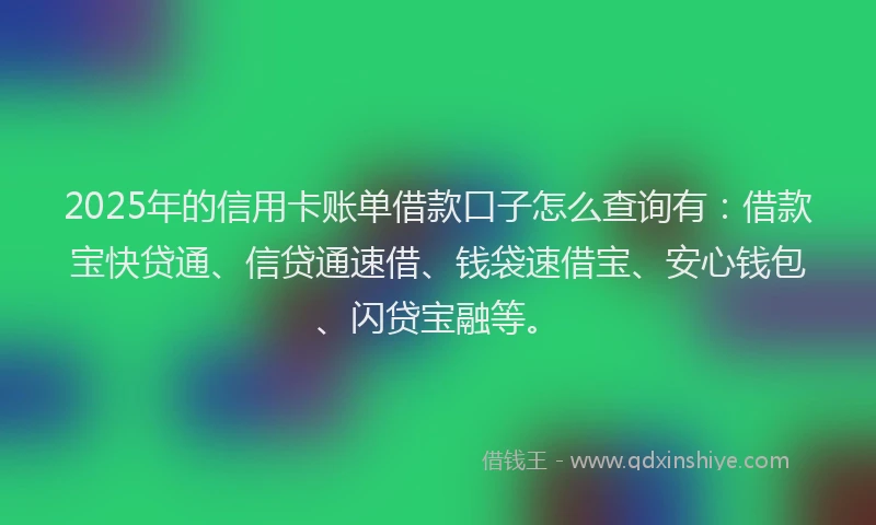 2025年的信用卡账单借款口子怎么查询有：借款宝快贷通、信贷通速借、钱袋速借宝、安心钱包、闪贷宝融等。