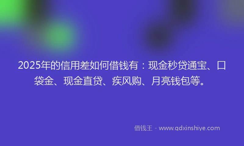 2025年的信用差如何借钱有：现金秒贷通宝、口袋金、现金直贷、疾风购、月亮钱包等。