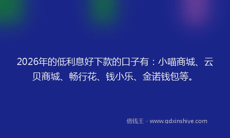 2026年的低利息好下款的口子有：小喵商城、云贝商城、畅行花、钱小乐、金诺钱包等。