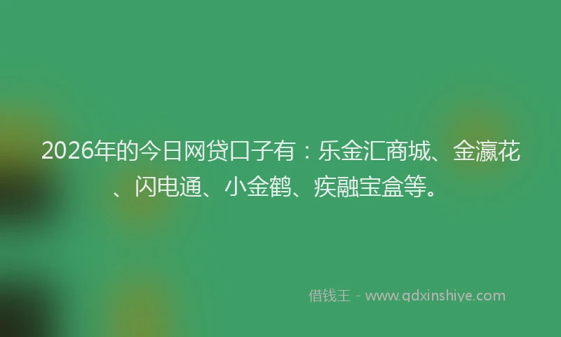 2026年的今日网贷口子有：乐金汇商城、金瀛花、闪电通、小金鹤、疾融宝盒等。