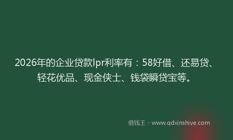 2026年的企业贷款lpr利率有：58好借、还易贷、轻花优品、现金侠士、钱袋瞬贷宝等。