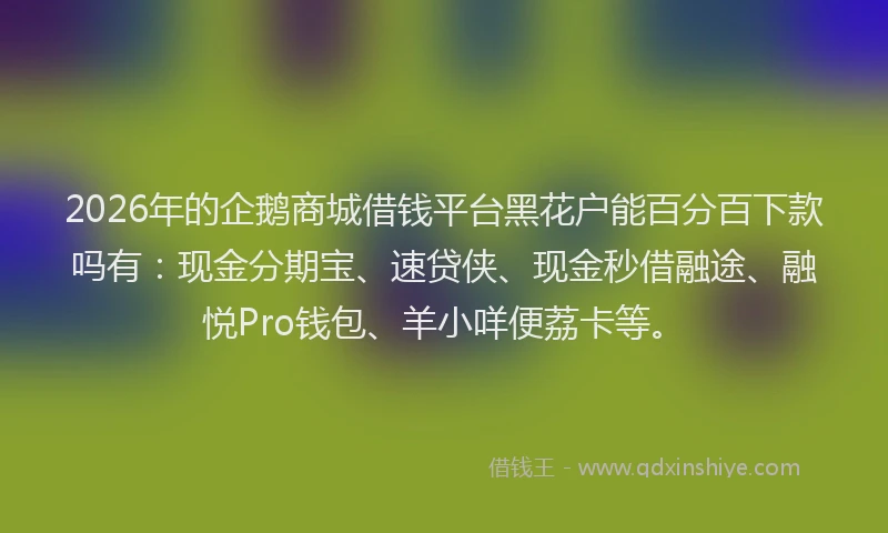 2026年的企鹅商城借钱平台黑花户能百分百下款吗有：现金分期宝、速贷侠、现金秒借融途、融悦Pro钱包、羊小咩便荔卡等。