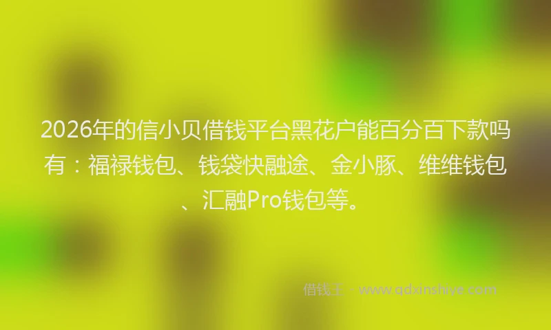 2026年的信小贝借钱平台黑花户能百分百下款吗有：福禄钱包、钱袋快融途、金小豚、维维钱包、汇融Pro钱包等。