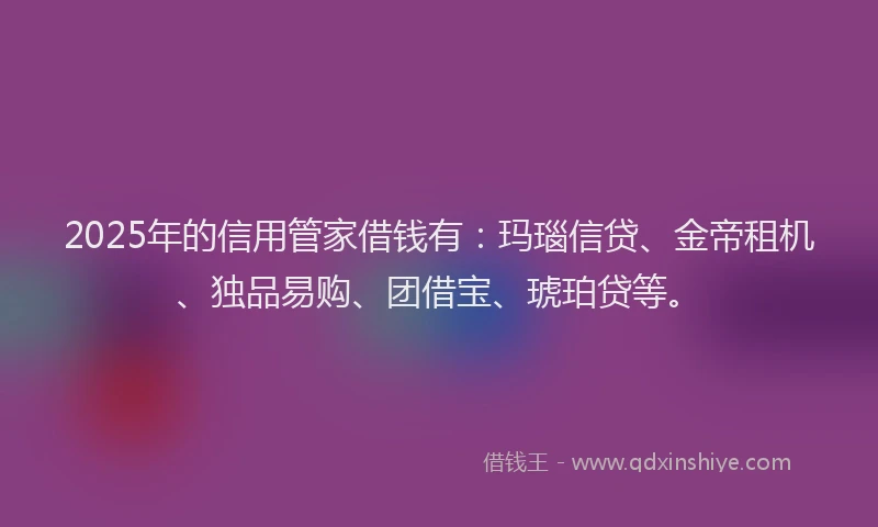 2025年的信用管家借钱有:玛瑙信贷、金帝租机、独品易购、团借宝、琥珀贷等。