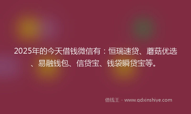 2025年的今天借钱微信有：恒瑞速贷、蘑菇优选、易融钱包、信贷宝、钱袋瞬贷宝等。