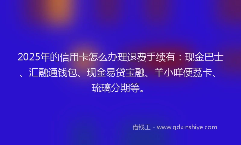 2025年的信用卡怎么办理退费手续有：现金巴士、汇融通钱包、现金易贷宝融、羊小咩便荔卡、琉璃分期等。