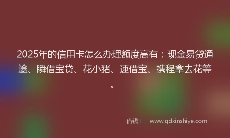 2025年的信用卡怎么办理额度高有：现金易贷通途、瞬借宝贷、花小猪、速借宝、携程拿去花等。