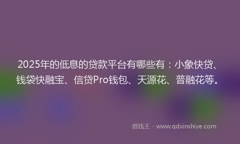 2025年的低息的贷款平台有哪些有：小象快贷、钱袋快融宝、信贷Pro钱包、天源花、普融花等。