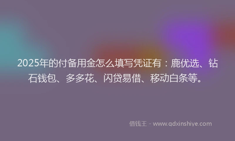 2025年的付备用金怎么填写凭证有:鹿优选、钻石钱包、多多花、闪贷易借、移动白条等。