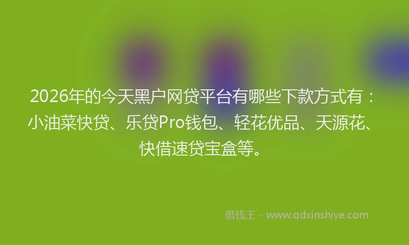 2026年的今天黑户网贷平台有哪些下款方式有：小油菜快贷、乐贷Pro钱包、轻花优品、天源花、快借速贷宝盒等。