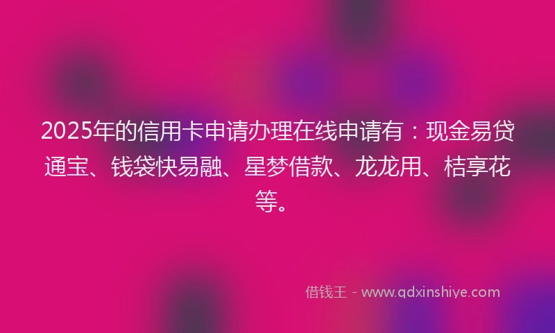 2025年的信用卡申请办理在线申请有：现金易贷通宝、钱袋快易融、星梦借款、龙龙用、桔享花等。