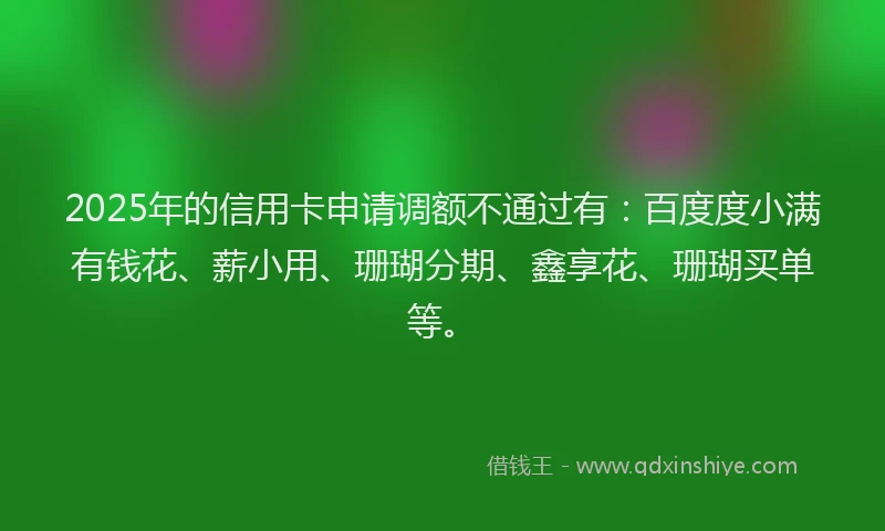 2025年的信用卡申请调额不通过有：百度度小满有钱花、薪小用、珊瑚分期、鑫享花、珊瑚买单等。