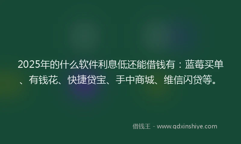 2025年的什么软件利息低还能借钱有：蓝莓买单、有钱花、快捷贷宝、手中商城、维信闪贷等。