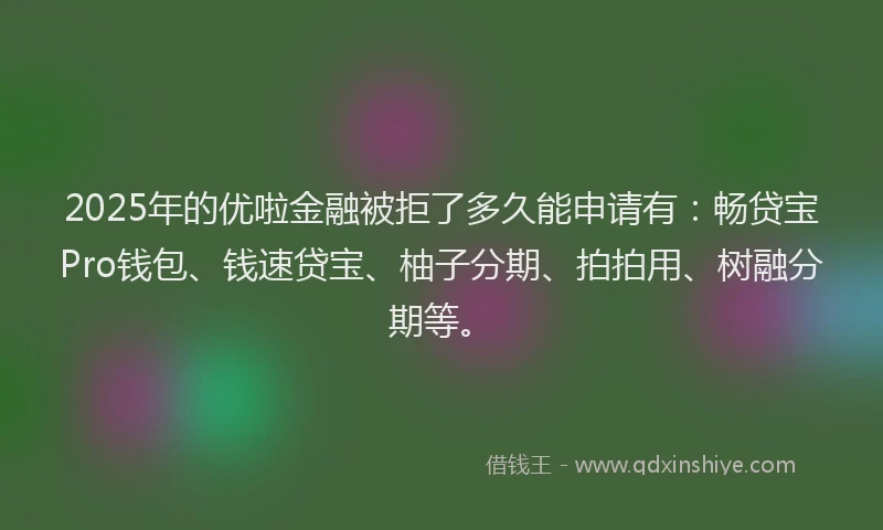 2025年的优啦金融被拒了多久能申请有:畅贷宝Pro钱包、钱速贷宝、柚子分期、拍拍用、树融分期等。