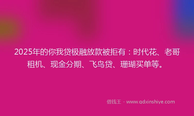 2025年的你我贷极融放款被拒有：时代花、老哥租机、现金分期、飞鸟贷、珊瑚买单等。