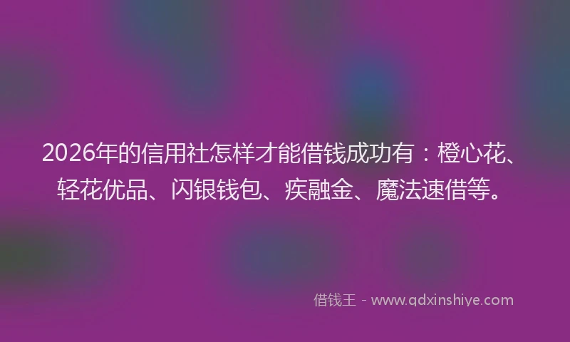 2026年的信用社怎样才能借钱成功有：橙心花、轻花优品、闪银钱包、疾融金、魔法速借等。