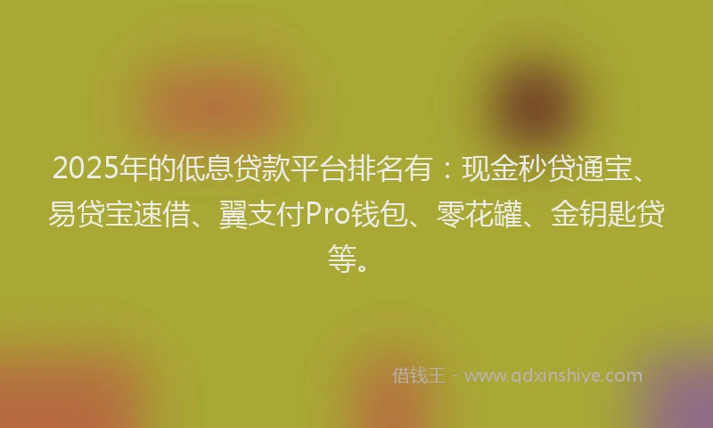 2025年的低息贷款平台排名有：现金秒贷通宝、易贷宝速借、翼支付Pro钱包、零花罐、金钥匙贷等。