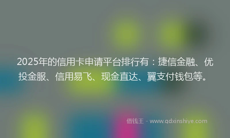 2025年的信用卡申请平台排行有：捷信金融、优投金服、信用易飞、现金直达、翼支付钱包等。
