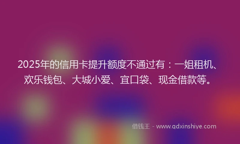 2025年的信用卡提升额度不通过有：一姐租机、欢乐钱包、大城小爱、宜口袋、现金借款等。
