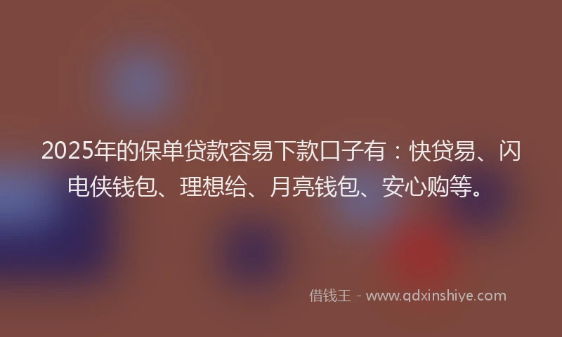 2025年的保单贷款容易下款口子有:快贷易、闪电侠钱包、理想给、月亮钱包、安心购等。