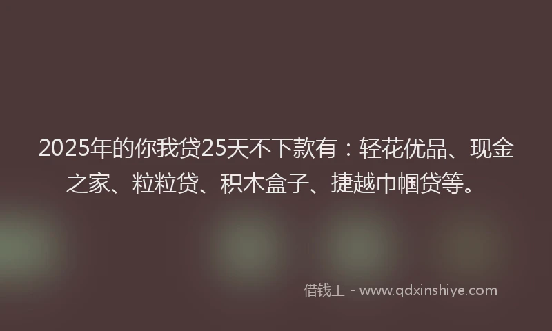 2025年的你我贷25天不下款有：轻花优品、现金之家、粒粒贷、积木盒子、捷越巾帼贷等。