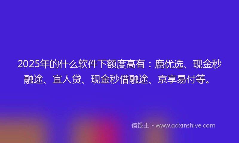 2025年的什么软件下额度高有：鹿优选、现金秒融途、宜人贷、现金秒借融途、京享易付等。