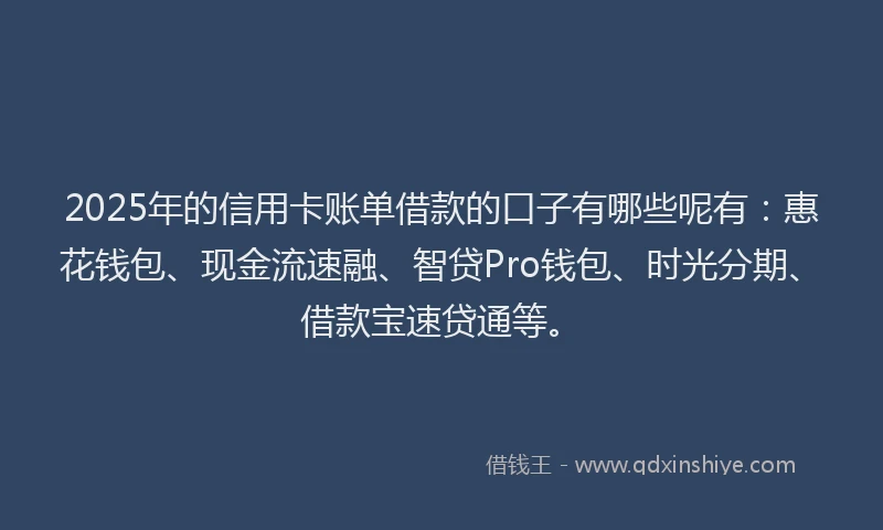 2025年的信用卡账单借款的口子有哪些呢有:惠花钱包、现金流速融、智贷Pro钱包、时光分期、借款宝速贷通等。