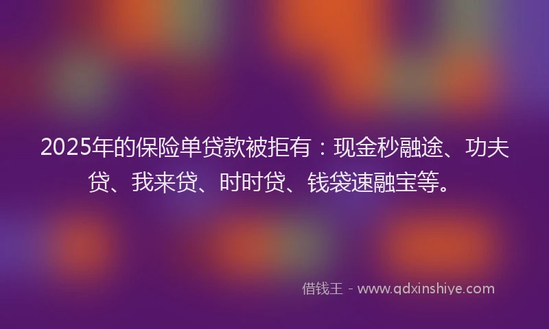 2025年的保险单贷款被拒有：现金秒融途、功夫贷、我来贷、时时贷、钱袋速融宝等。
