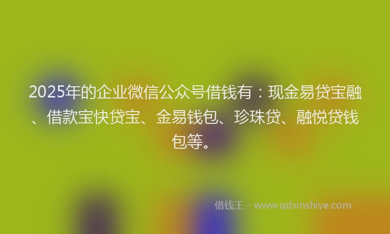 2025年的企业微信公众号借钱有:现金易贷宝融、借款宝快贷宝、金易钱包、珍珠贷、融悦贷钱包等。