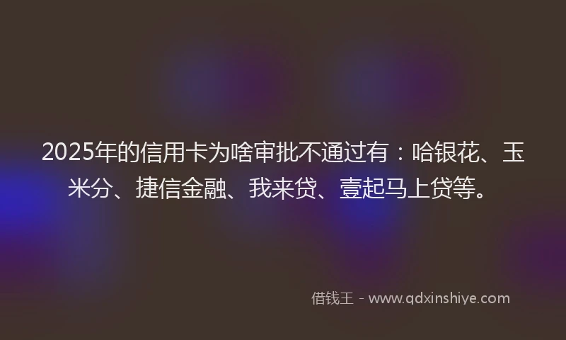 2025年的信用卡为啥审批不通过有：哈银花、玉米分、捷信金融、我来贷、壹起马上贷等。