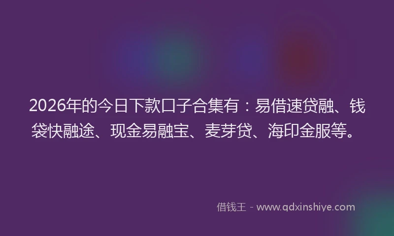 2026年的今日下款口子合集有：易借速贷融、钱袋快融途、现金易融宝、麦芽贷、海印金服等。