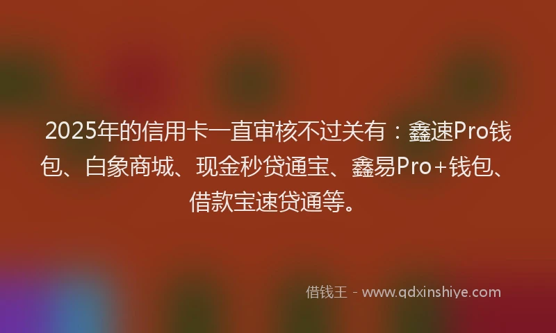 2025年的信用卡一直审核不过关有：鑫速Pro钱包、白象商城、现金秒贷通宝、鑫易Pro+钱包、借款宝速贷通等。
