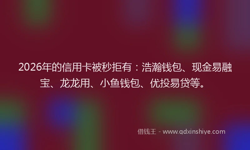 2026年的信用卡被秒拒有：浩瀚钱包、现金易融宝、龙龙用、小鱼钱包、优投易贷等。