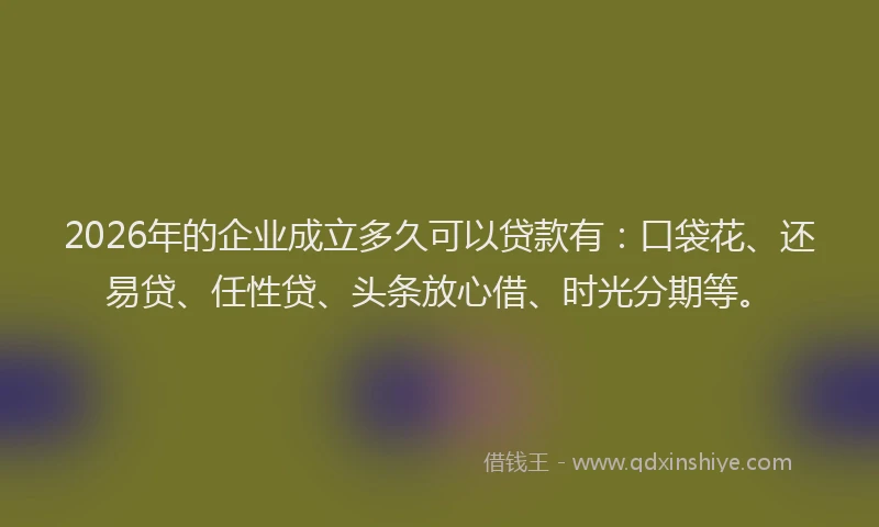 2026年的企业成立多久可以贷款有：口袋花、还易贷、任性贷、头条放心借、时光分期等。