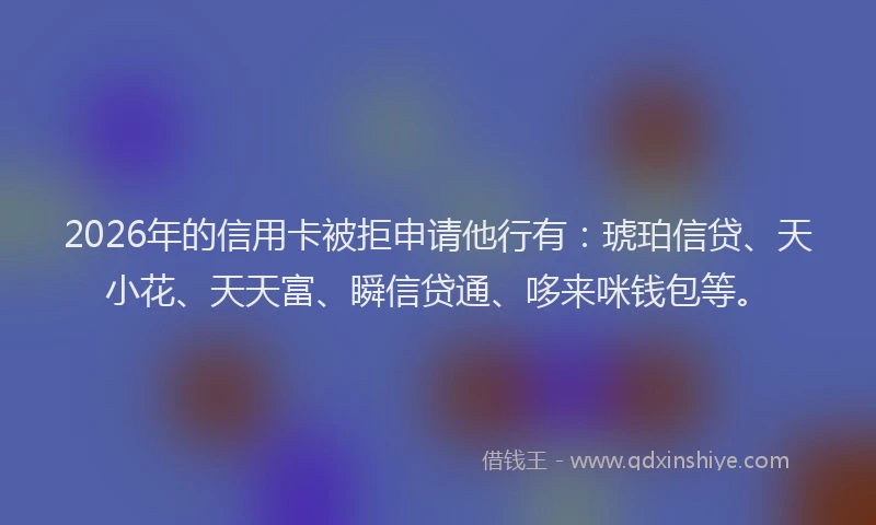 2026年的信用卡被拒申请他行有:琥珀信贷、天小花、天天富、瞬信贷通、哆来咪钱包等。