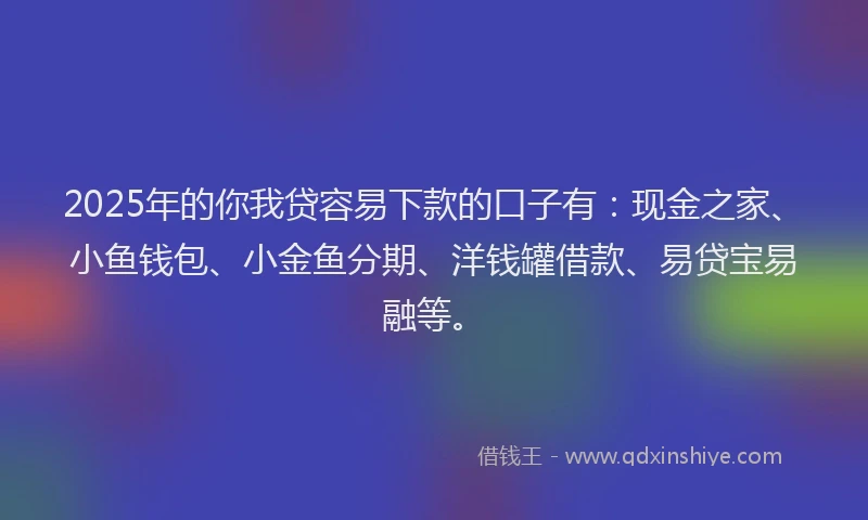 2025年的你我贷容易下款的口子有：现金之家、小鱼钱包、小金鱼分期、洋钱罐借款、易贷宝易融等。