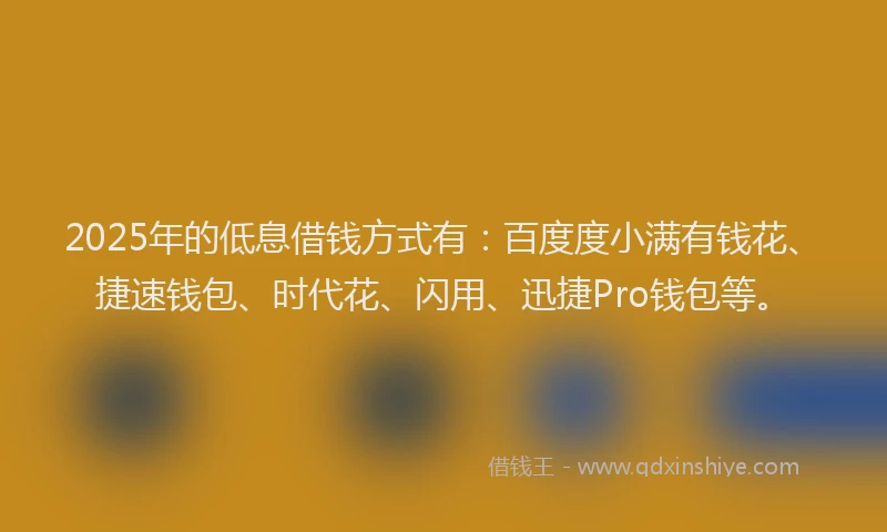 2025年的低息借钱方式有：百度度小满有钱花、捷速钱包、时代花、闪用、迅捷Pro钱包等。