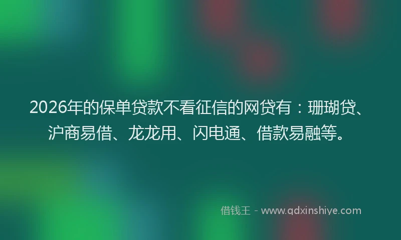 2026年的保单贷款不看征信的网贷有：珊瑚贷、沪商易借、龙龙用、闪电通、借款易融等。