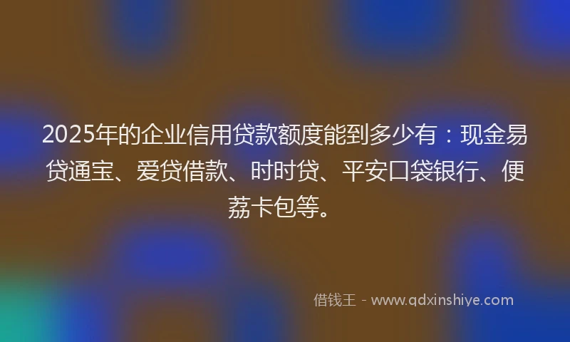 2025年的企业信用贷款额度能到多少有:现金易贷通宝、爱贷借款、时时贷、平安口袋银行、便荔卡包等。